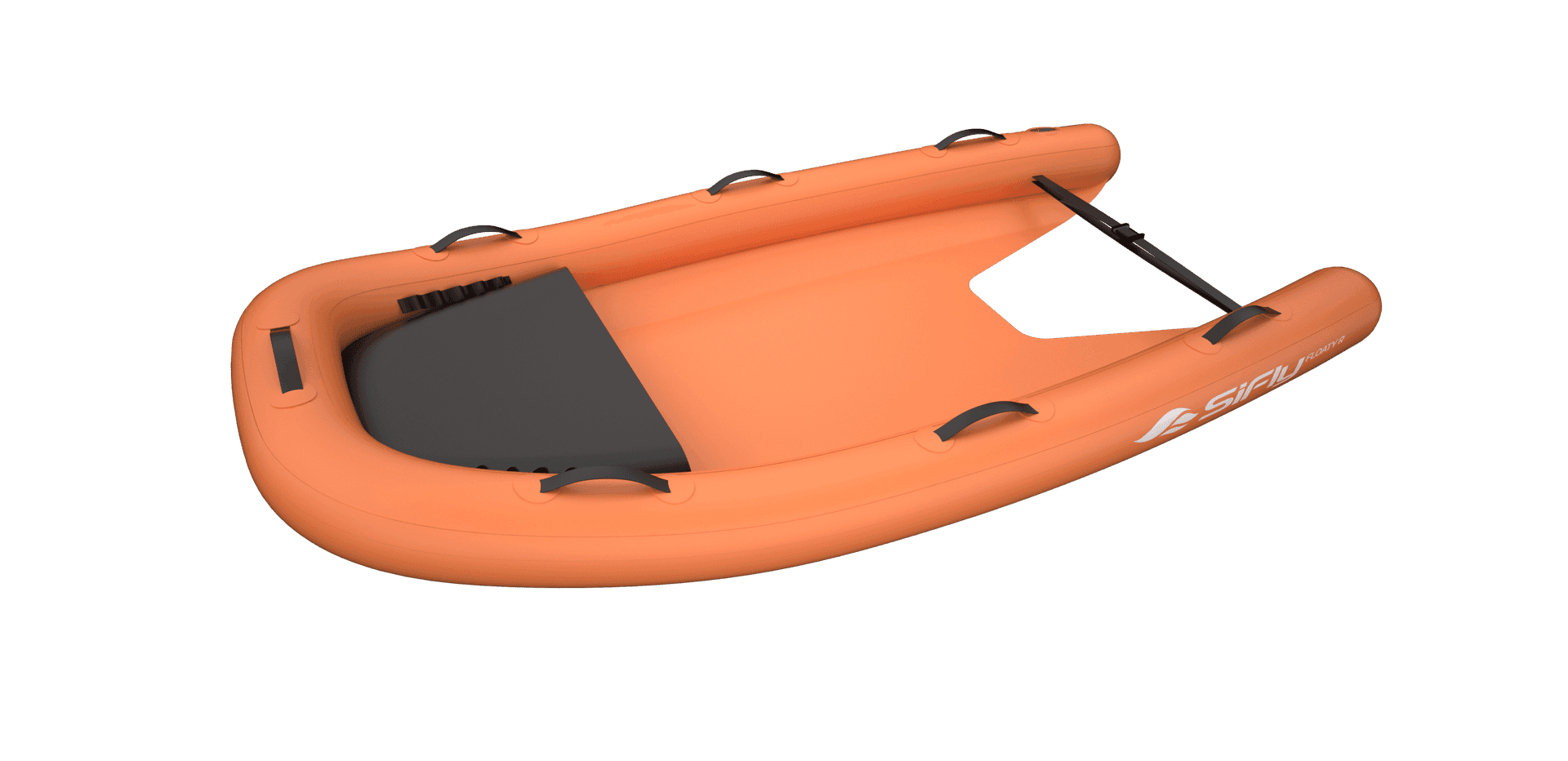 SiFly Floaty R orange inflatable eFoil board with dark traction pad, carry handles, and strap mounts on white background