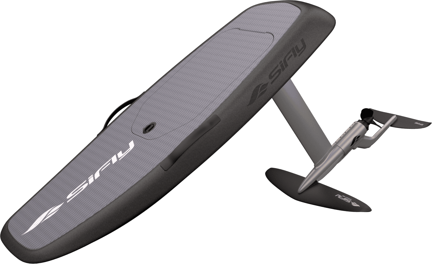 SiFly eFoil board in grey colorway with ribbed deck pad and fully assembled hydrofoil mast, fuselage, and front wing, isometr