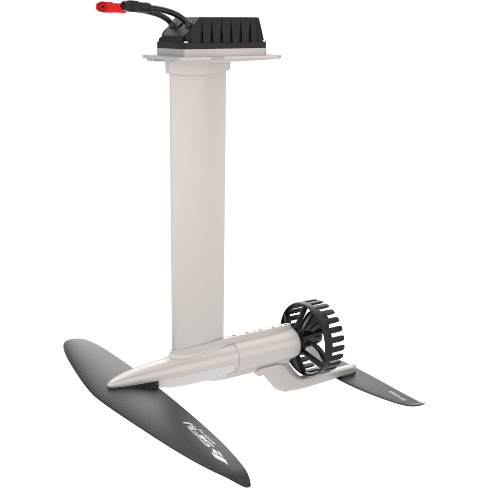 SiFly eFoil electric drive unit isolated on white: aluminium mast, motor pod with ducted propeller guard, carbon front wing a