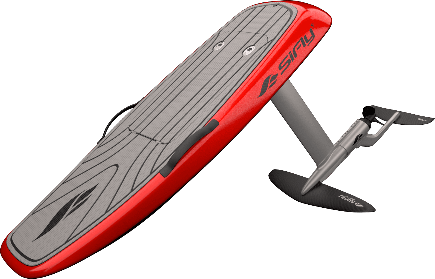 SiFly eFoil red board tilted to reveal hull underside alongside detached hydrofoil mast, fuselage, propeller, front wing, and