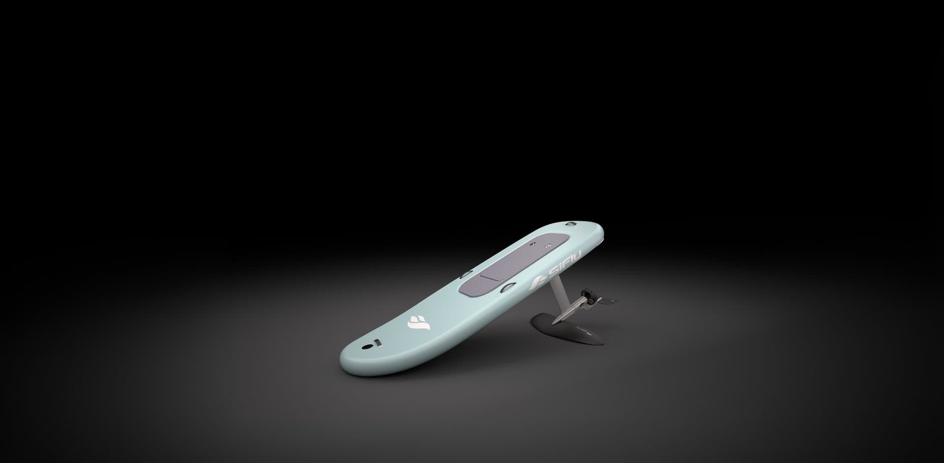 SiFly eFoil board in mint green colorway with purple deck pad, hydrofoil mast and wing assembly, angled studio render on dark