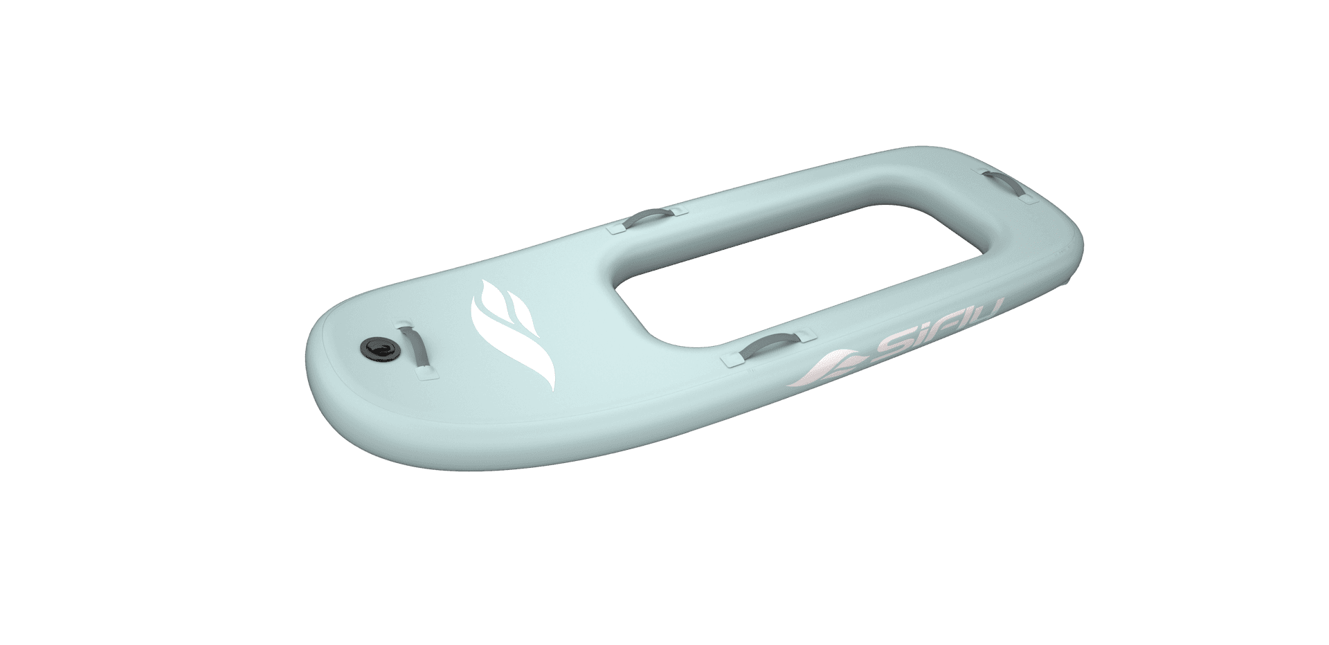 SiFly eFoil board in mint green colorway, angled perspective showing open center cutout, carry handles, and SiFly logo on whi