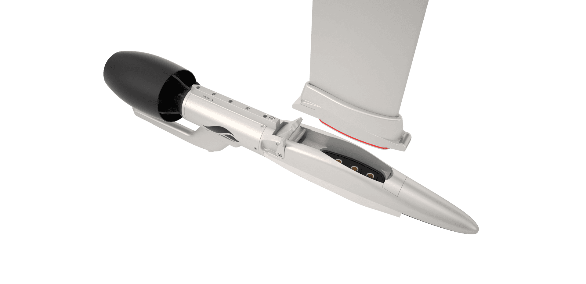 Close-up 3D render of SiFly eFoil motor pod and fuselage separating from mast base, showing magnetic connectors and red seal