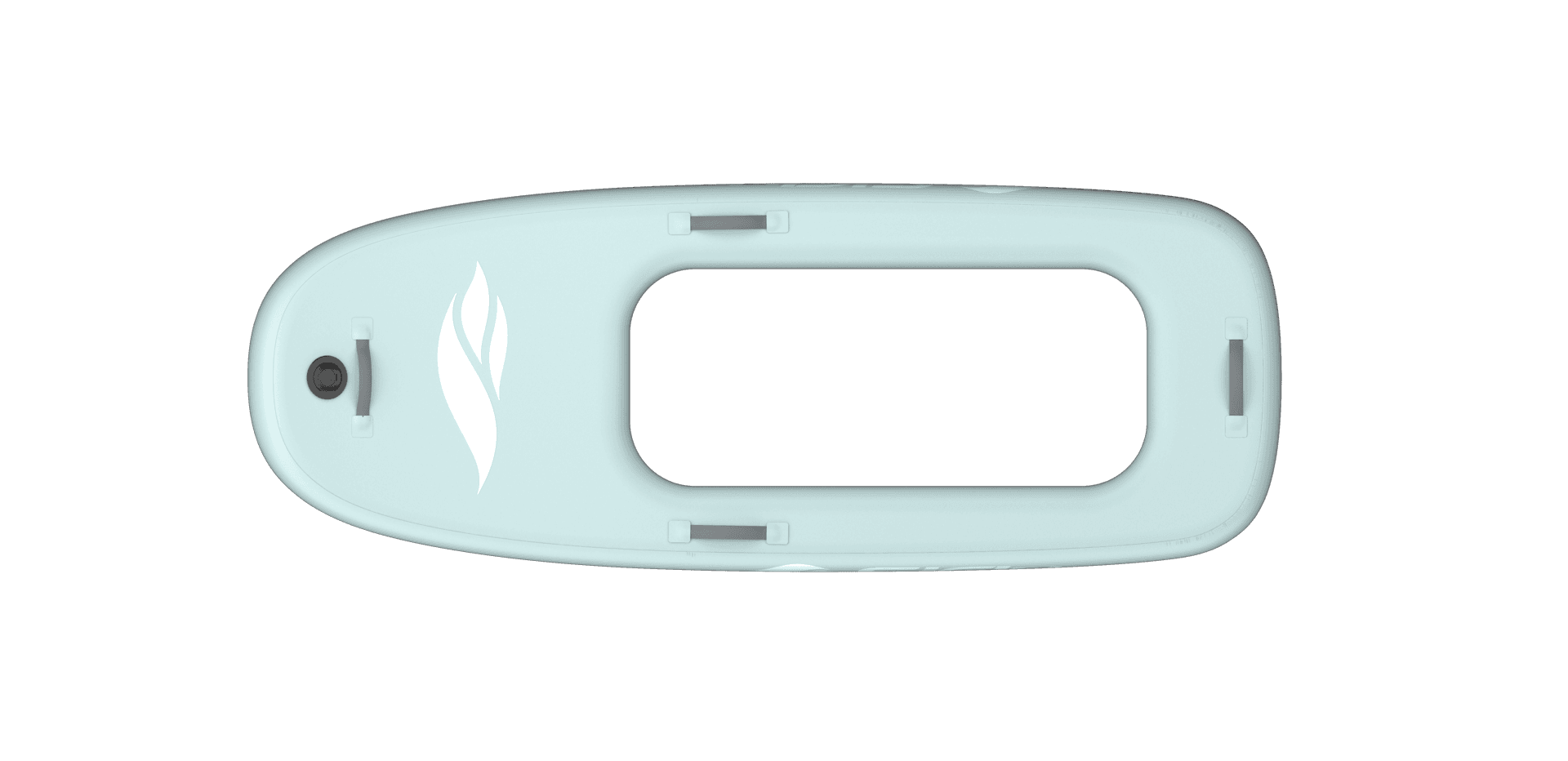 Top-down plan view of SiFly eFoil board in mint aqua colorway showing central hull opening, SiFly logo, carry handles, and po