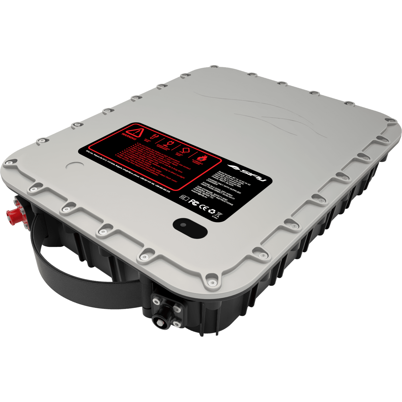 SiFly eFoil lithium battery pack with grey aluminium lid, safety warning label, red connector port, and carry strap on white 