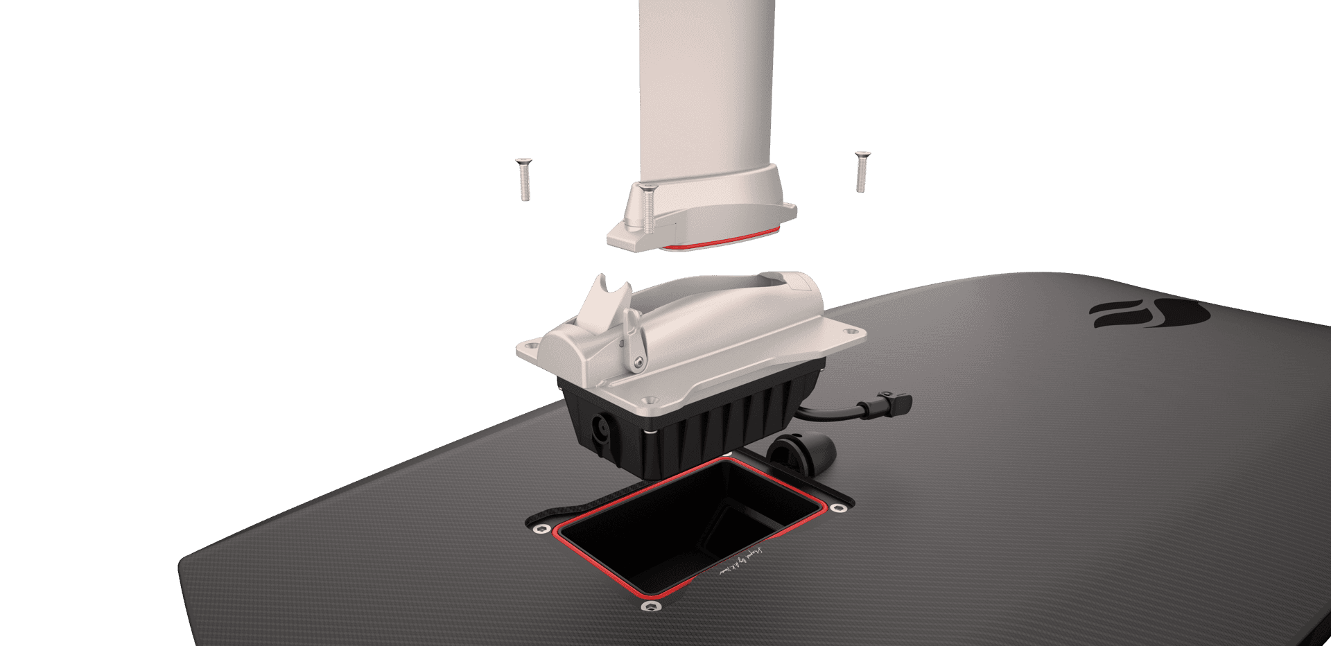 Exploded render of SiFly eFoil mast track box installation: carbon fiber board deck with red-trimmed hatch, mast base, housin