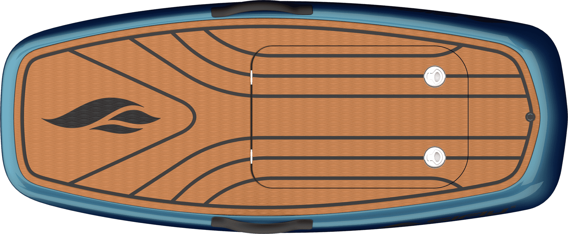 Top-down product render of SiFly eFoil board showing teak-pattern EVA deck pad, navy hull, SiFly logo, and dual mast mounts