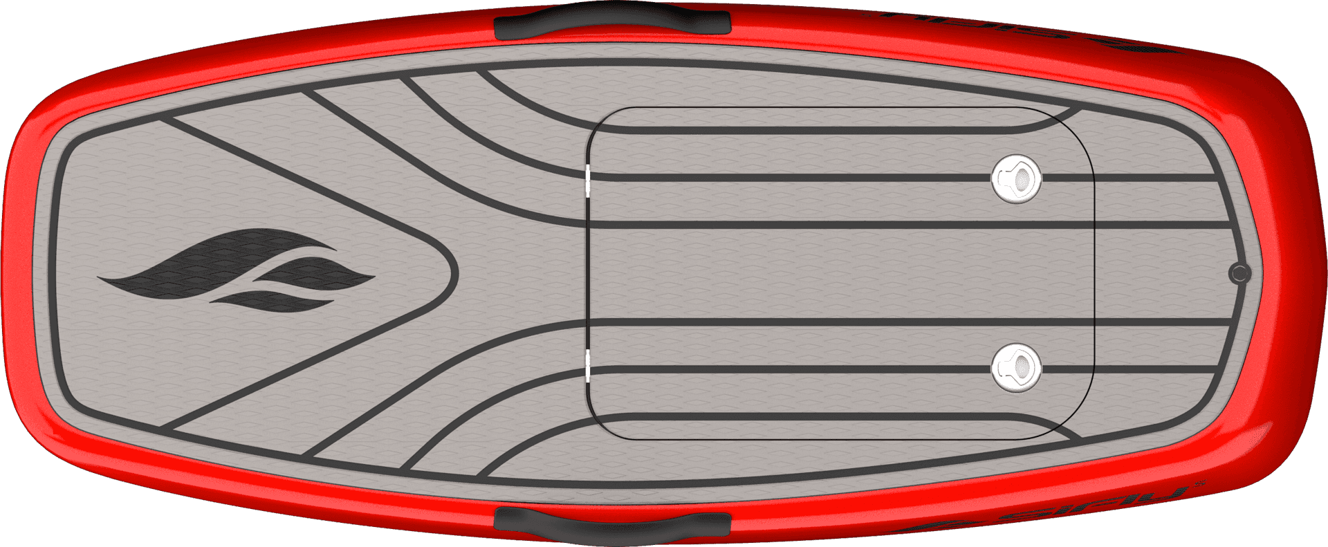 Top-down product view of SiFly eFoil board in red with grey EVA deck pad, carry handles, and battery hatch screws