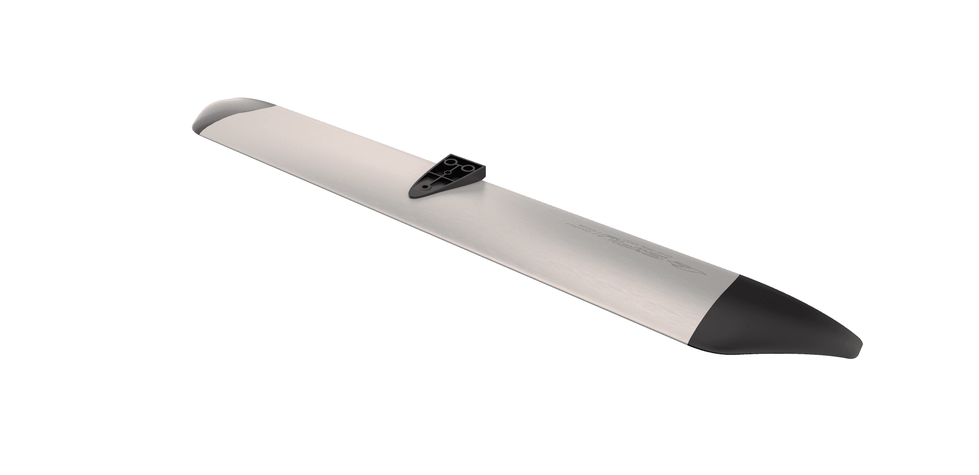 SiFly eFoil aluminium front wing with brushed silver finish, black wingtip caps, and center mast mount bracket, isolated on w