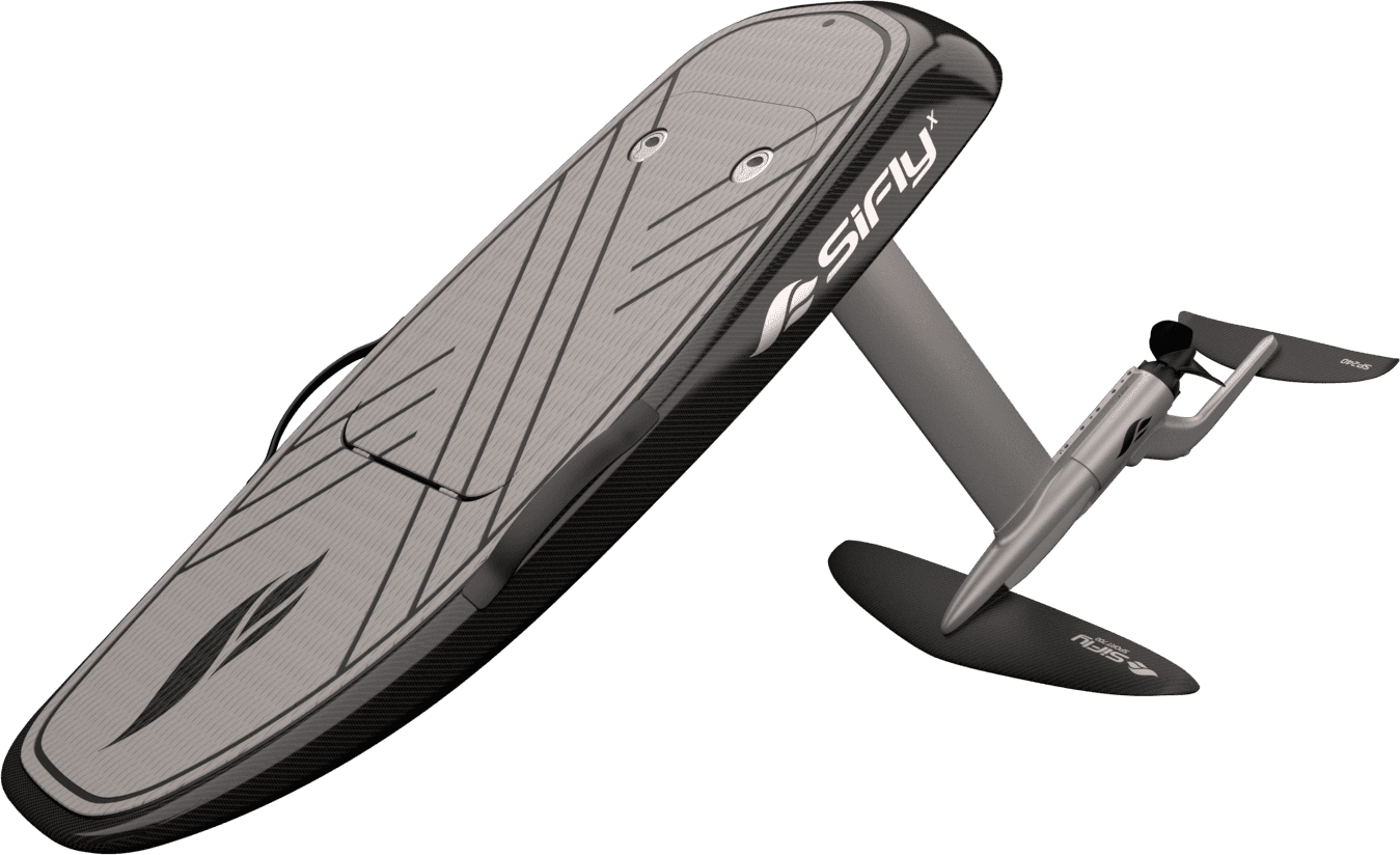 SiFly X eFoil board in grey carbon colorway with brushed deck pad and fully assembled hydrofoil mast, fuselage, front wing, s