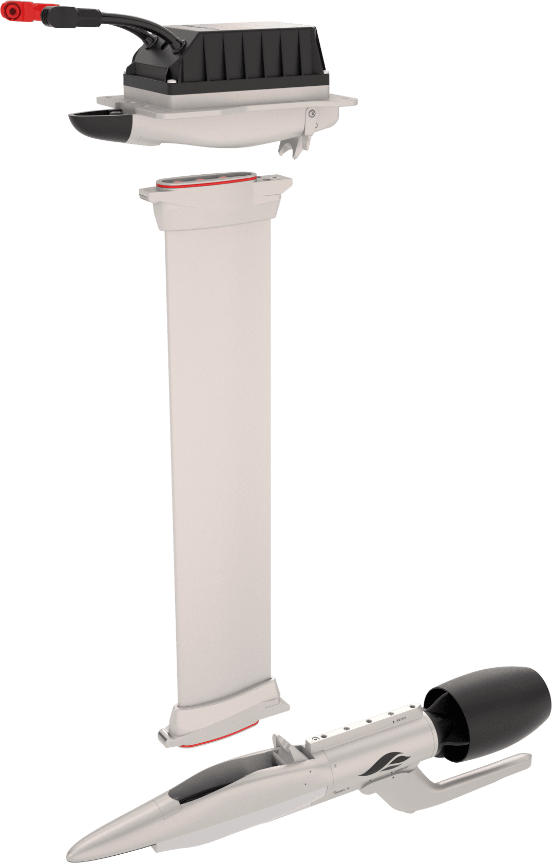 Exploded view of SiFly eFoil drive system: separated motor mount top unit, tall aluminum mast section, and fuselage with duct