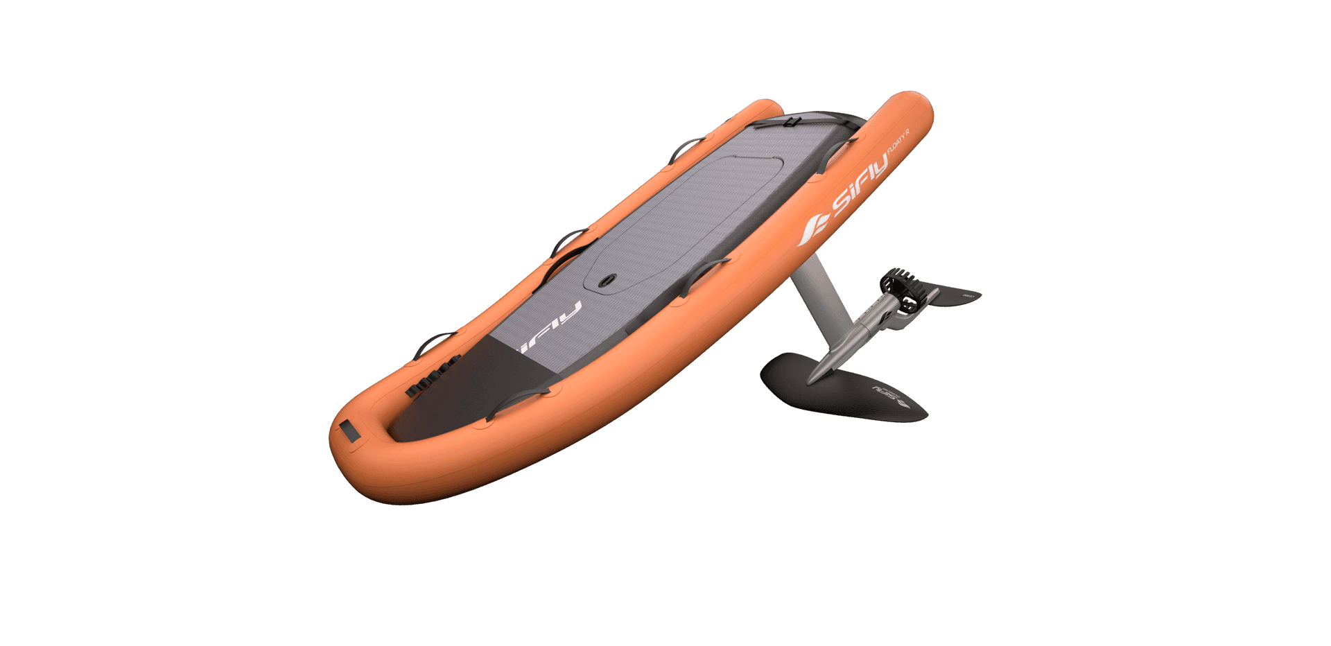 SiFly Floatyr inflatable eFoil board in orange with grey deck pad and assembled hydrofoil mast, angled 3D product render on w