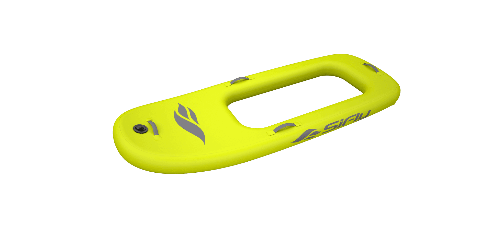 SiFly Rider inflatable eFoil board in yellow-green colorway, angled top view showing open center handle cutout and SiFly logo