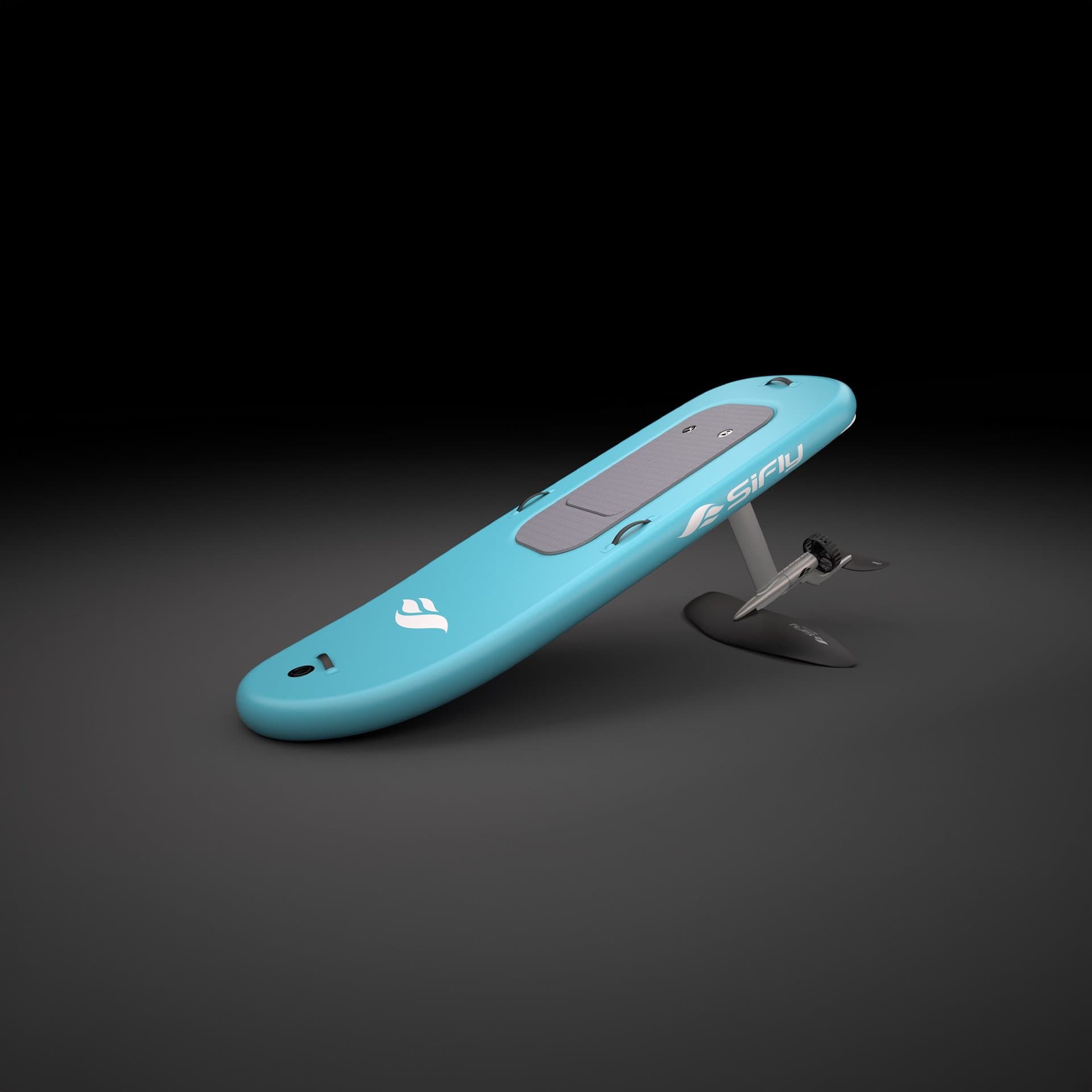 SiFly eFoil board teal colorway studio product render, low perspective showing grey deck pad, foil mast, fuselage, and front 