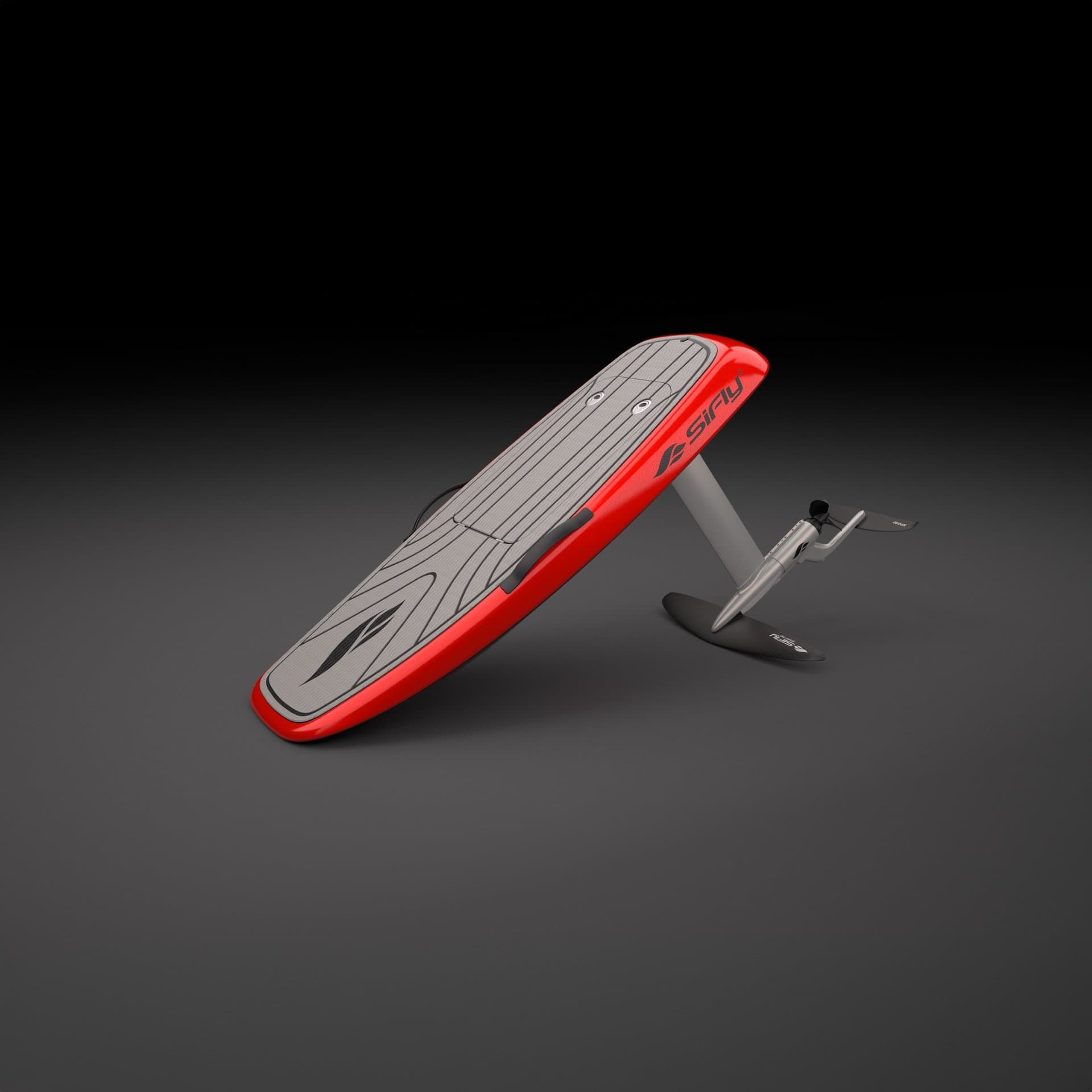 SiFly eFoil board in red colorway with grey textured deck pad, tilted to reveal top deck and full hydrofoil mast assembly on 