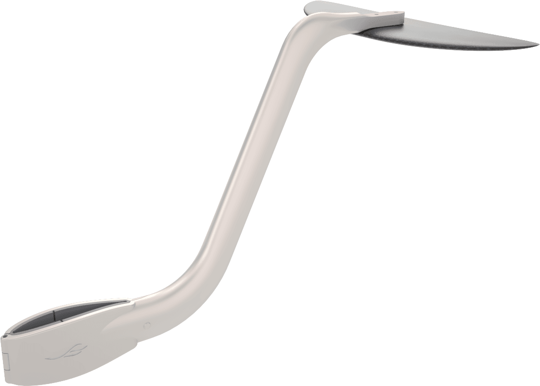SiFly eFoil curved hydrofoil mast fuselage with carbon fiber front wing and clamp base, isolated on white background