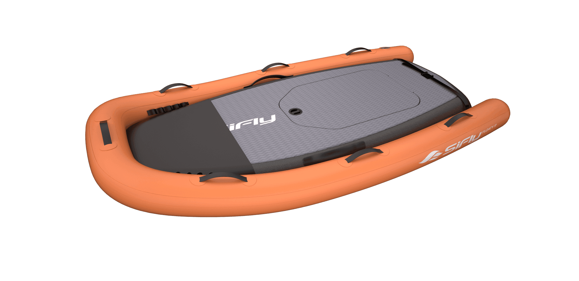 SiFly Floaty inflatable orange training dock with grey textured deck pad and carry handles, top-down angled product render on