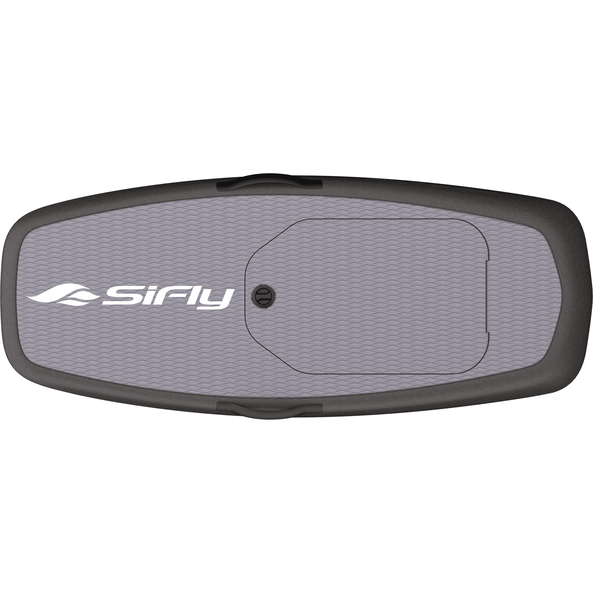 Top-down overhead view of SiFly eFoil board showing grey textured deck pad, battery hatch, and carry handles on white