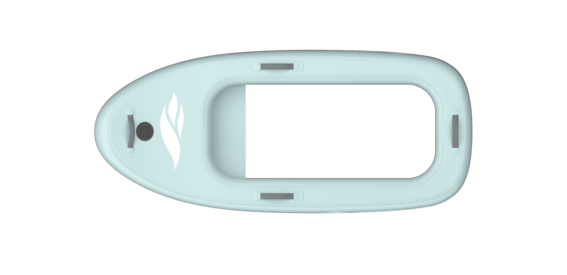 Top-down overhead view of SiFly eFoil board in mint green colorway showing deck layout, battery hatch, and carry handles