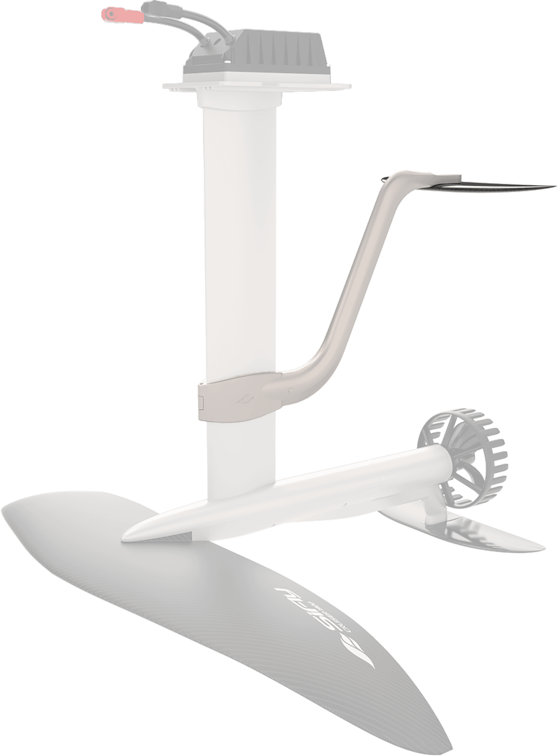 SiFly eFoil complete hydrofoil assembly isolated on white: mast, fuselage, ducted propeller, front wing, and stabilizer