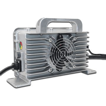 SiFly eFoil fan-cooled silver battery charger with ribbed aluminum housing, carry handle, indicator LEDs, and power cables