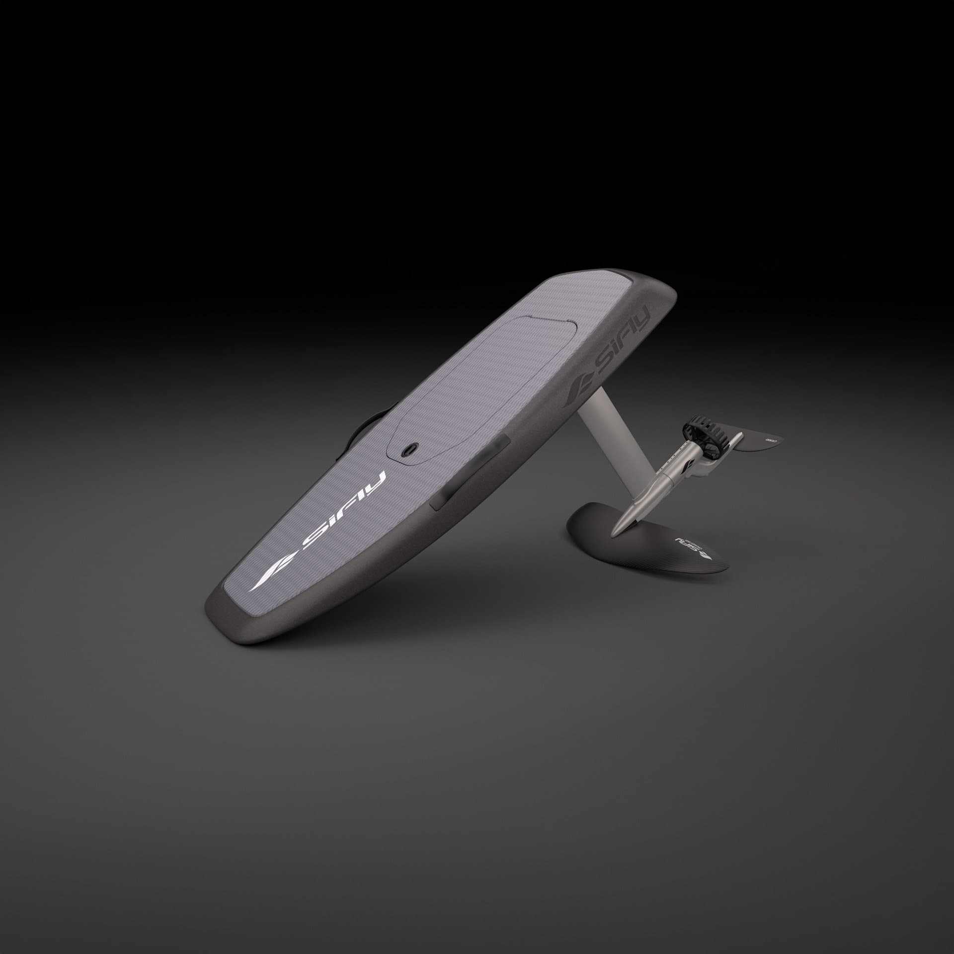SiFly eFoil board in light grey colorway with propeller mast assembly, tilted nose-up on dark studio surface, 3D product rend