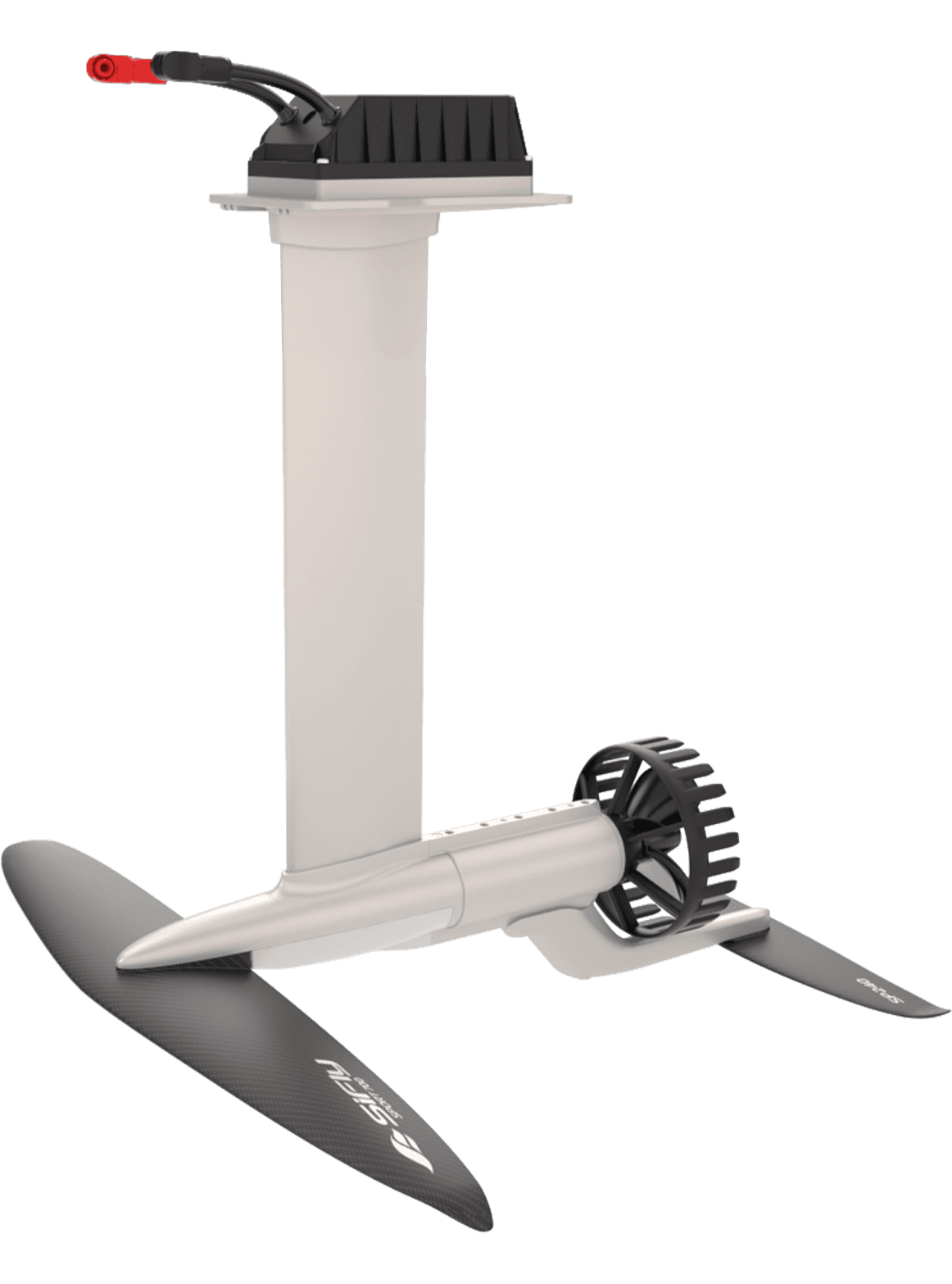 SiFly eFoil hydrofoil assembly showing aluminum mast, ducted propeller motor pod, carbon front wing, and stabilizer isolated 