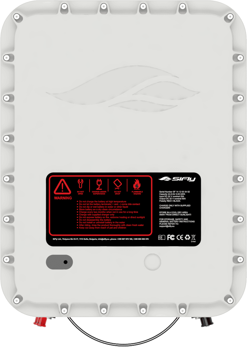 SiFly eFoil lithium-ion battery pack front panel showing safety warning label, FC CE certifications, and red/black power conn